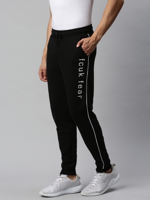 

French Connection Men Black Slim Fit Solid Joggers with Printed Detailing