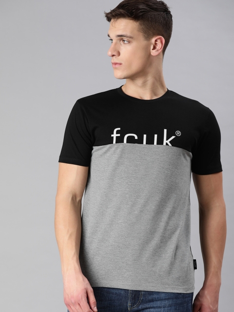 

French Connection Men Black & Grey Melange Colourblocked Round Neck T-shirt with Print