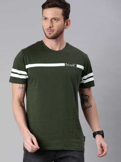 

French Connection Men Olive Green White Striped Round Neck Pure Cotton T-shirt