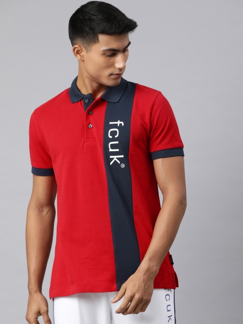 

French Connection Men Red Colourblocked Polo Collar T-shirt