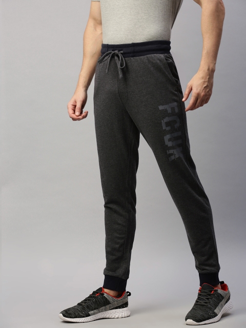 

French Connection Men Grey Solid Slim Fit Joggers with Printed Details