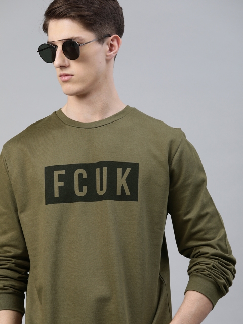 

French Connection Men Olive Green & Black Printed Sweatshirt