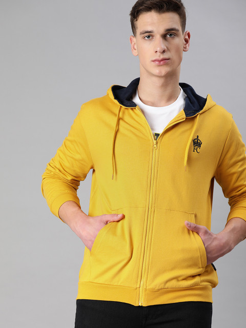 

French Connection Men Mustard Yellow Solid Hooded Sweatshirt