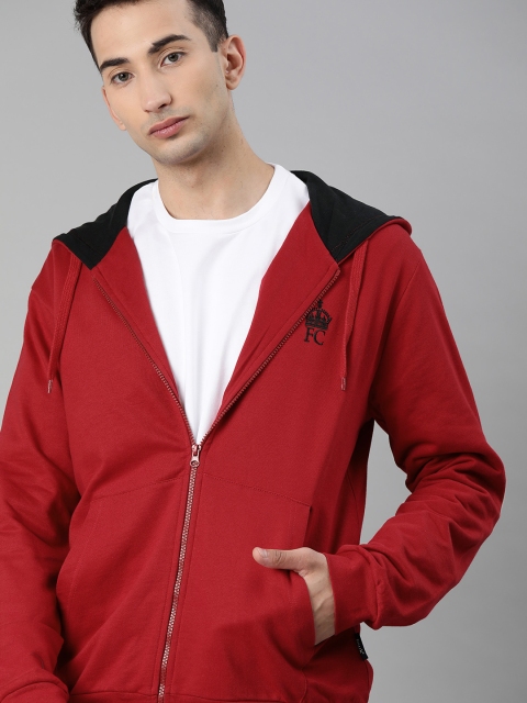 

French Connection Men Red Solid Hooded Sweatshirt