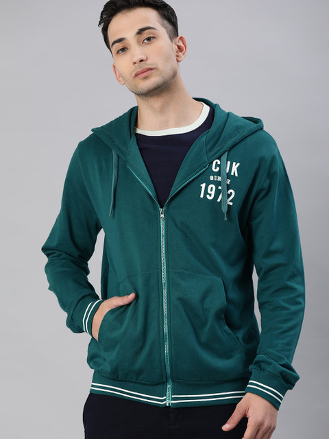 

French Connection Men Teal Green Solid Hooded Sweatshirt with Printed Detailing
