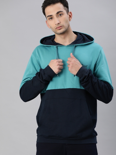 

French Connection Men Blue Colourblocked Hooded Pullover Sweatshirt