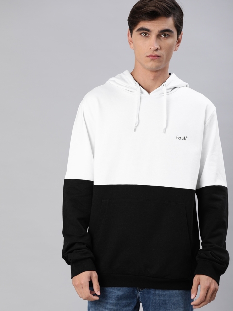 

French Connection Men White & Black Colourblocked Hooded Pullover Sweatshirt