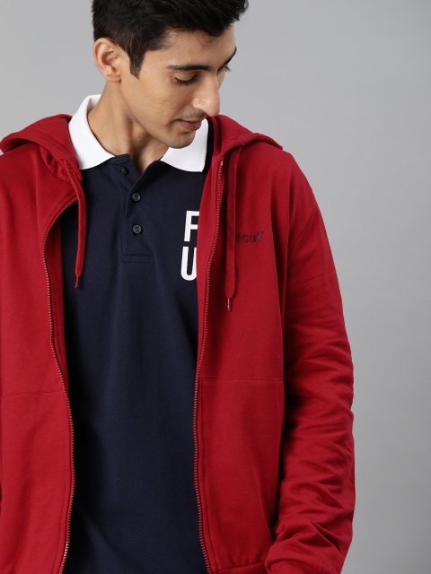 

French Connection Men Red Solid Hooded Sweatshirt