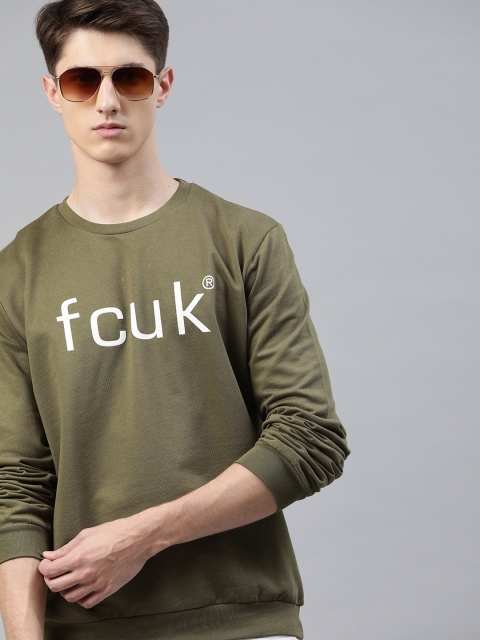 

French Connection Men Olive Green Printed Pullover Sweatshirt