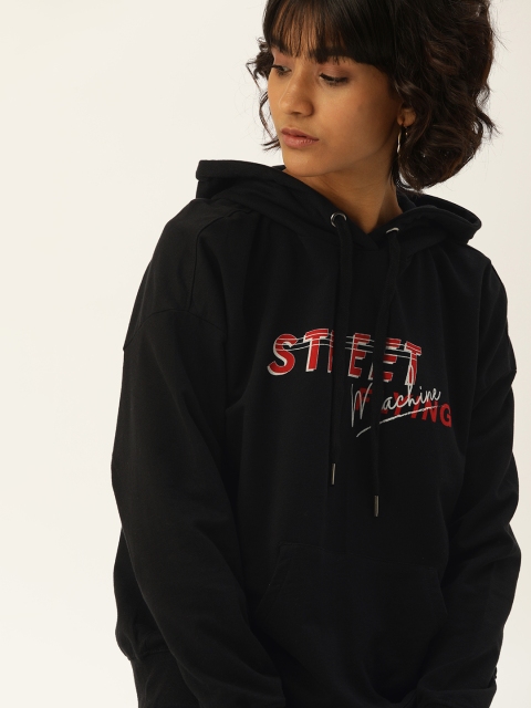 Women Black Printed Hooded Sweatshirt