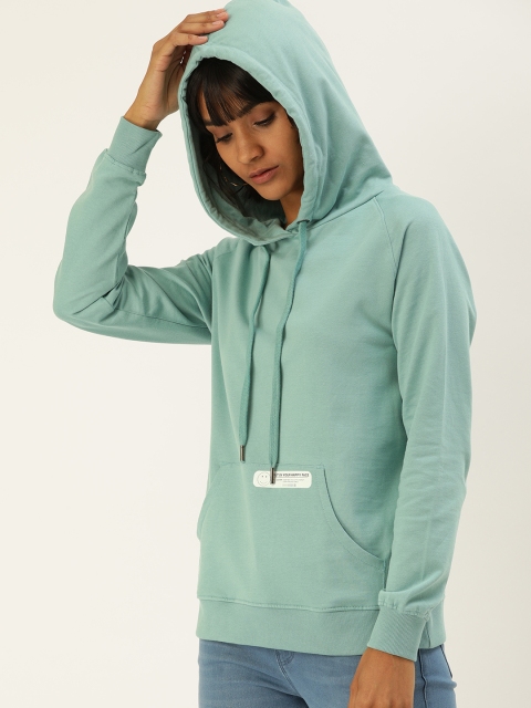 Women Blue Solid Hooded Sweatshirt with Print Detail