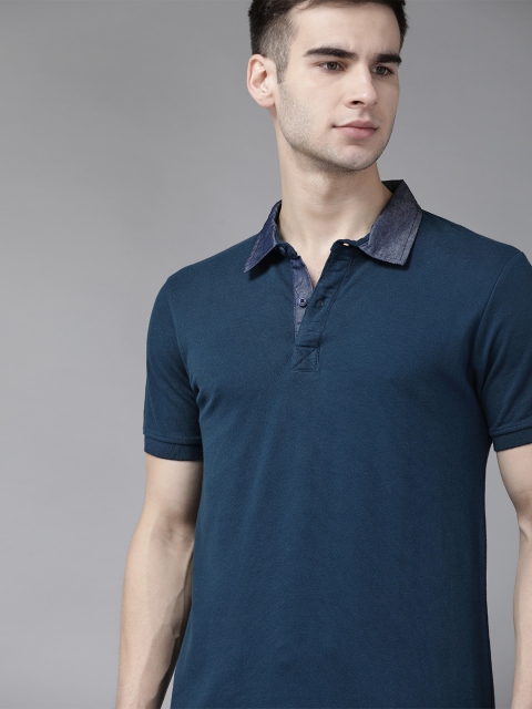 

Roadster Men Blue Pure Cotton Polo Collar Pure Cotton T-shirt