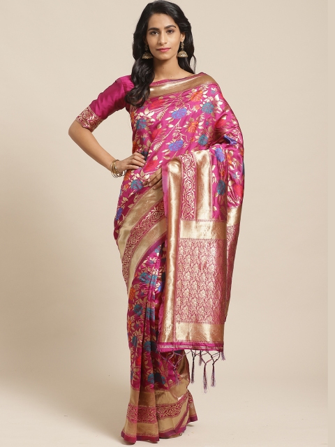 

Saree mall Pink & Golden Floral Woven Design Banarasi Saree