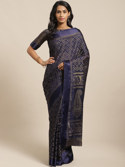 

Saree mall Navy Blue & Gold-Toned Woven Design Saree