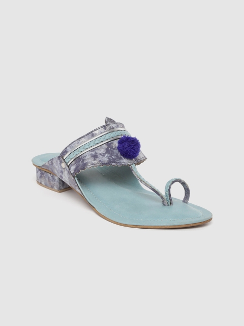 

Inc 5 Women Blue & Silver-Toned Abstract Print One Toe Flats with Braided & PomPom Detail