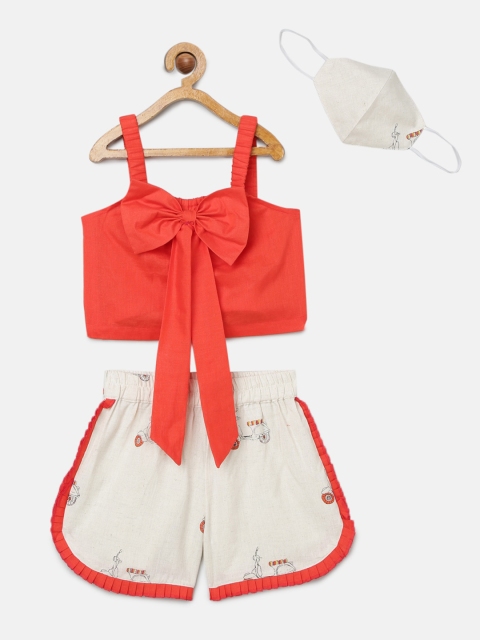 

Tutus By Tutu Girls Cream-Coloured & Coral Orange Top with Shorts & Mask