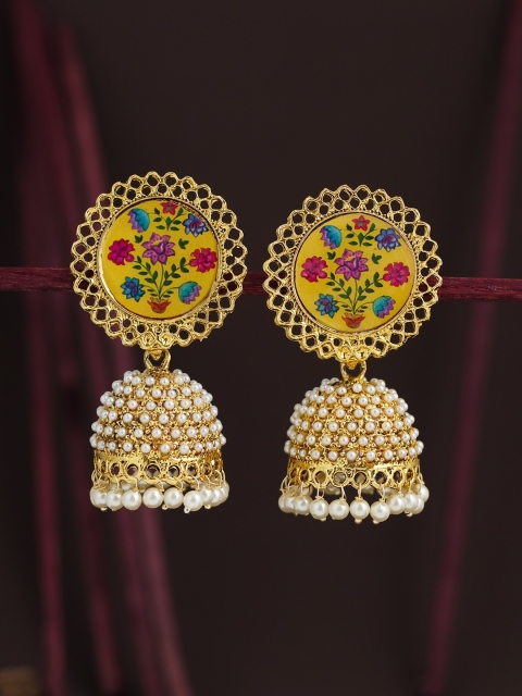 

Sukkhi Yellow & Blue Gold-Plated Filigree Pearls Dome Shaped Jhumkas