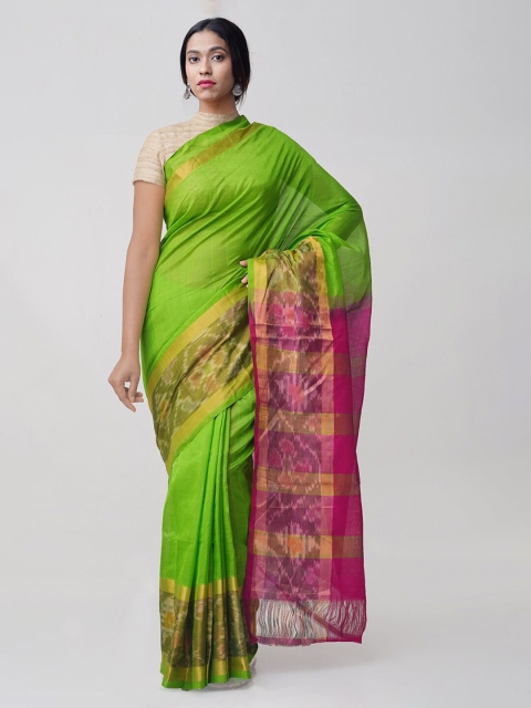 

Unnati Silks Green Silk Cotton Woven Design Handloom Kanjeevaram Saree