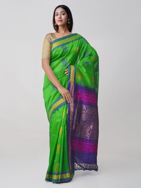 

Unnati Silks Green & Blue Silk Cotton Woven Design Handloom Kanjeevaram Sustainable Saree