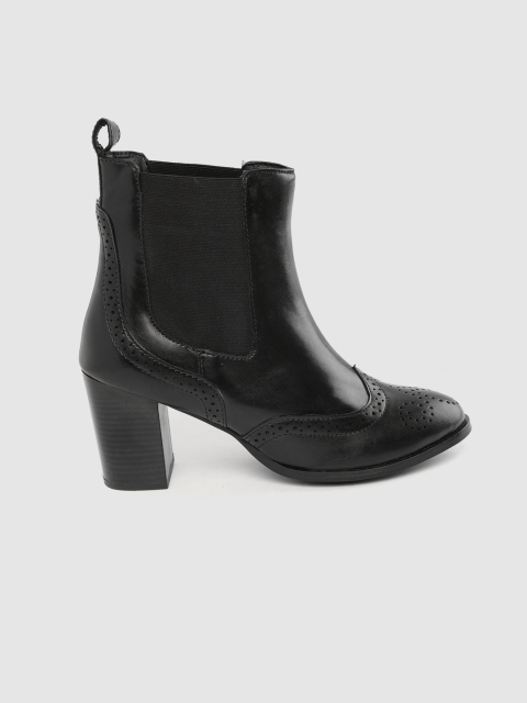 

her by invictus Women Black Solid Perforated Mid-Top Heeled Chelsea Boots