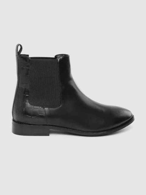 

her by invictus Women Black Croc Textured Detail Mid-Top Flat Boots