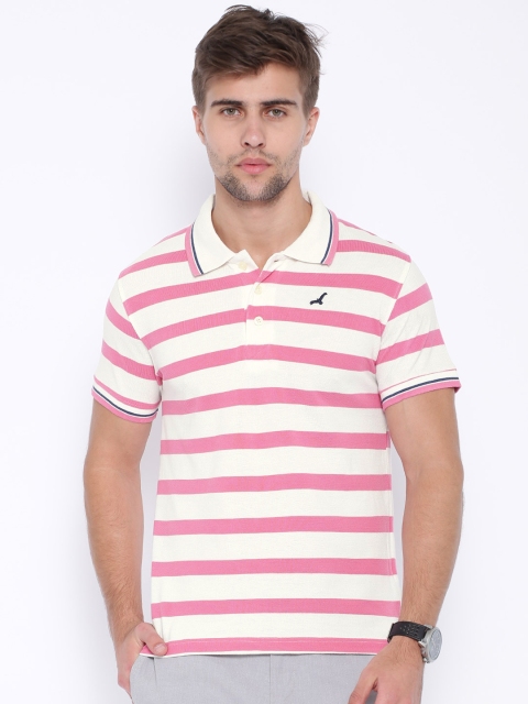 

American Crew White & Pink Striped Polo T-shirt