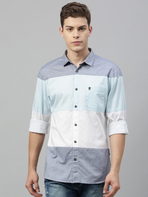 

French Connection Men Blue & White Slim Fit Colourblocked Casual Shirt