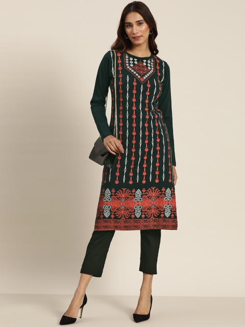 Women Green & Red Printed Straight Winter Kurta
