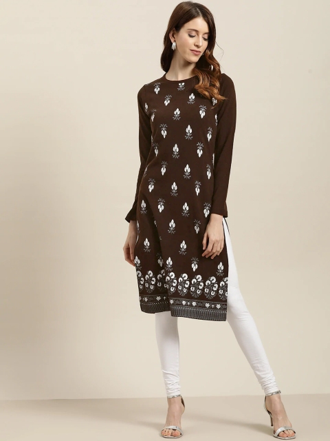 

Sangria Women Coffee Brown & White Floral Print Winter Kurta