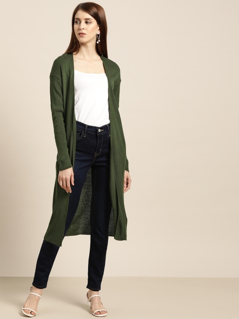 

Sangria Women Olive Green Solid Longline Front-Open Acrylic Sweater