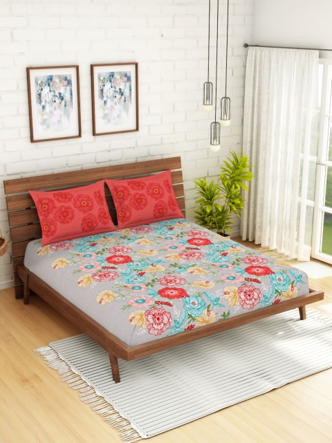 

Spaces Atrium Plus Floral Grey 1 Queen Size Fitted Sheets With 2 Pillow Cover
