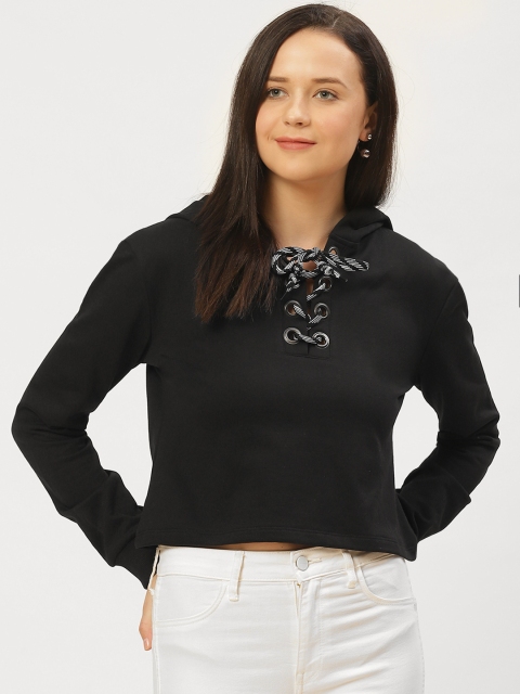 

Rigo Women Black Solid Lace-Up Hooded Crop Sweatshirt