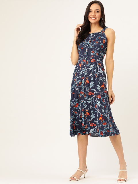 

DressBerry Women Blue & Orange Floral Print A-Line Dress