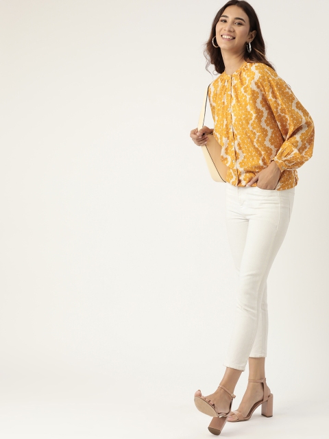 

DressBerry Women White & Mustard Yellow Regular Fit Floral Printed Casual Shirt