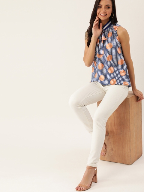 

DressBerry Women Blue & White Sustainable Checked Tie-Up Neck Top