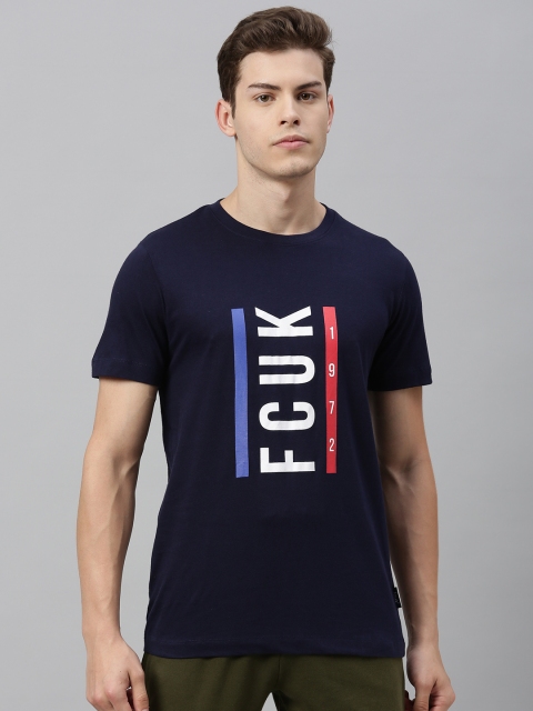 

French Connection Men Navy Blue Printed Round Neck T-shirt