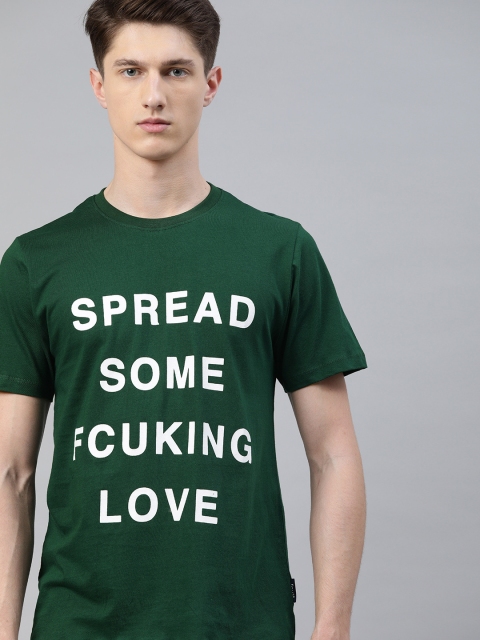 

French Connection Men Green Slim Fit Printed Round Neck Pure Cotton T-shirt