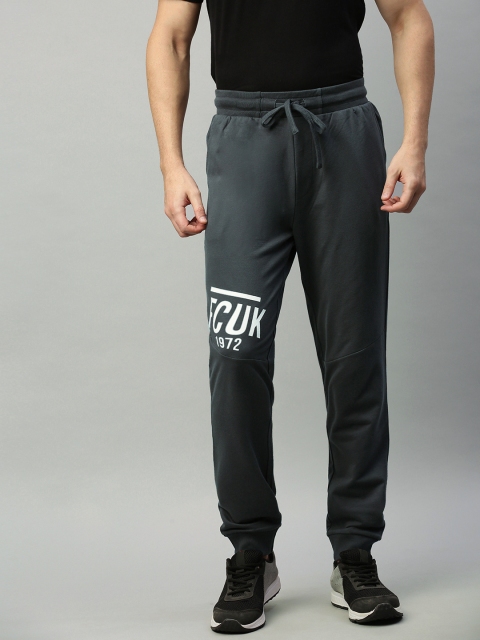 

French Connection Men Charcoal Grey Solid Slim Fit Joggers with Printed Detail