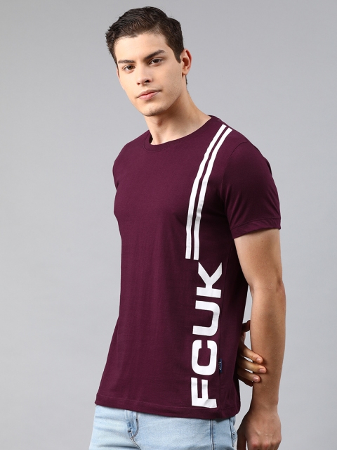 

French Connection Men Burgundy Printed Slim Fit Round Neck T-shirt