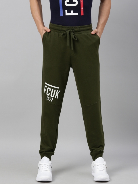 

French Connection Men Olive Green & White Slim Fit EAST COAST Printed Joggers