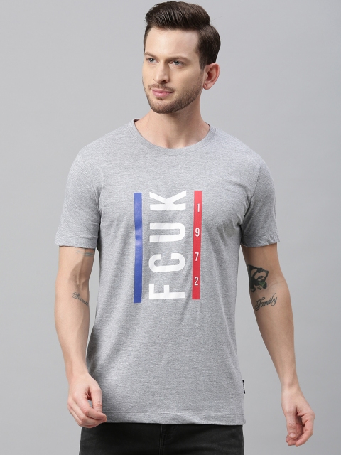 

French Connection Men Grey Printed Slim Fit Round Neck Pure Cotton T-shirt