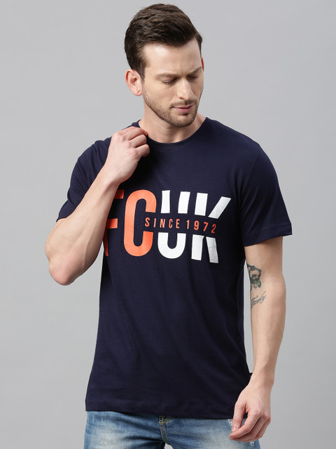 

French Connection Men Navy Blue Printed Slim Fit Round Neck T-shirt
