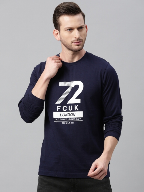 

French Connection Men Navy Blue Printed Slim Fit Round Neck T-shirt