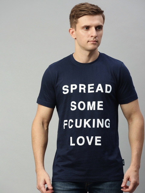 

French Connection Men Navy Blue Printed Slim Fit Round Neck Pure Cotton T-shirt