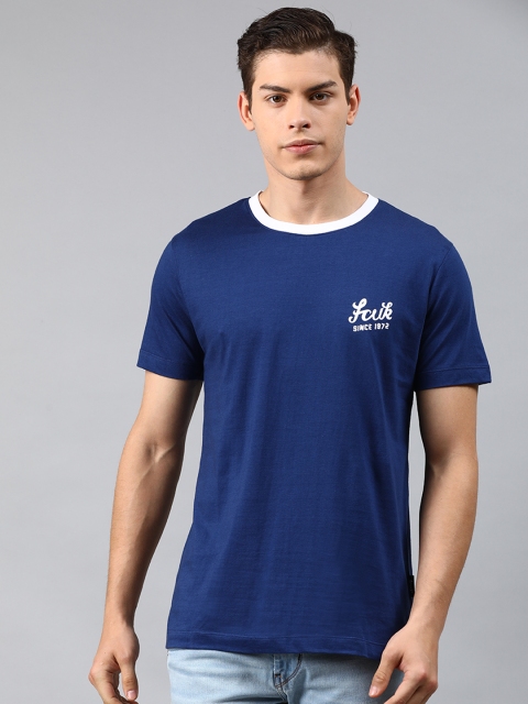 

French Connection Men Blue Printed Slim Fit Round Neck Pure Cotton T-shirt
