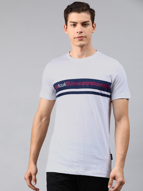 

French Connection Men White Printed Slim Fit Round Neck Pure Cotton T-shirt