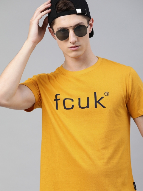 

French Connection Men Mustard Yellow Slim Fit Printed Round Neck T-shirt