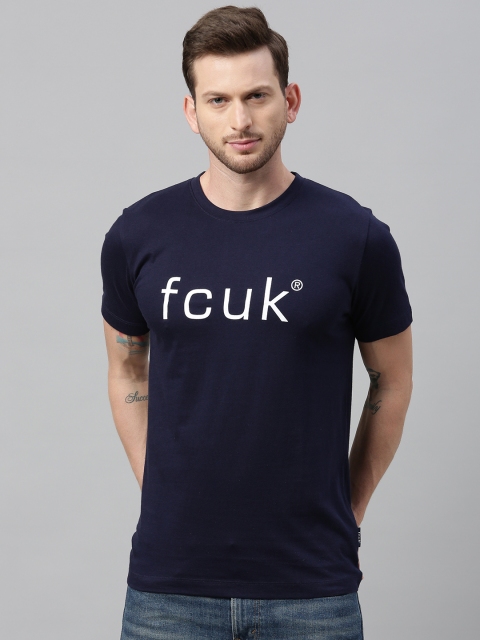 

French Connection Men Navy Blue Printed Slim Fit Round Neck T-shirt