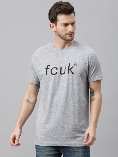 

French Connection Men Grey Printed Slim Fit Round Neck Pure Cotton T-shirt