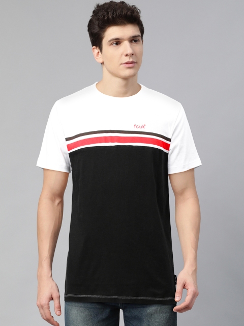 

French Connection Men White & Black Colourblocked Round Neck T-shirt